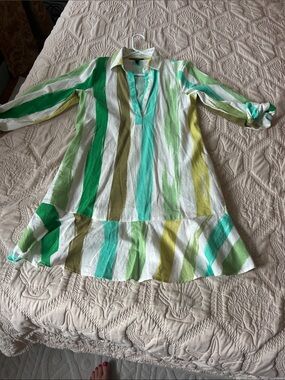 Maggy London Green, White & Yellow Striped Shirt Dress